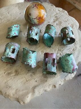Mid-Century Brutalist Brass & Verdigris Patina Napkin Rings – Set of 8